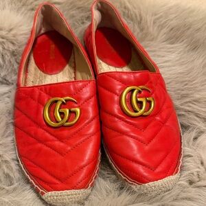 Gucci Red Espadrille Flats with Gold Logo